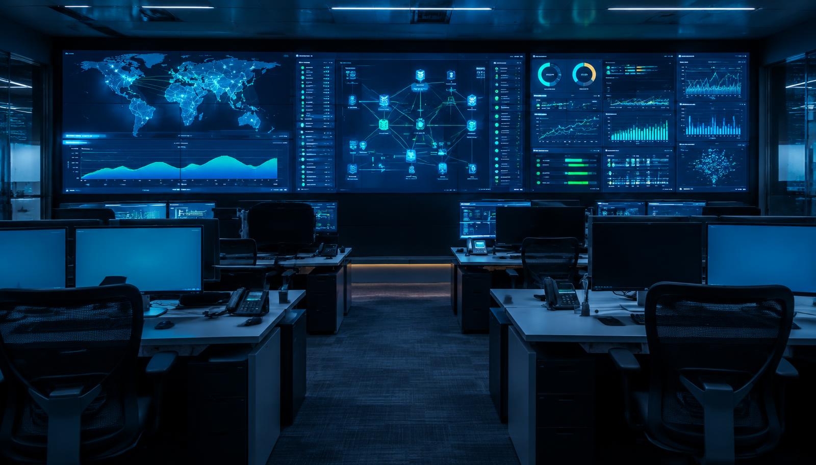 Network operations centre with infrastructure monitoring dashboards